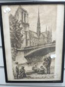 An etching, after Dallemagne, Parisian Scene, 35 x 20cm, plus frame and glazed, and a print, style