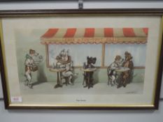 A print, after O'Klein, Cafe Society, dog interest, 25 x 42cm, plus frame and glazed