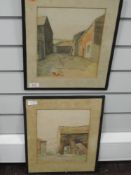 A pair of watercolours, F J Browne, farmyard scenes, signed, 26 x 20cm, plus frame and glazed