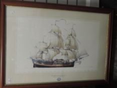A print, after Ross Shardlow, H M Bark Endeavour, 50 x 80cm, plus frame and glazed