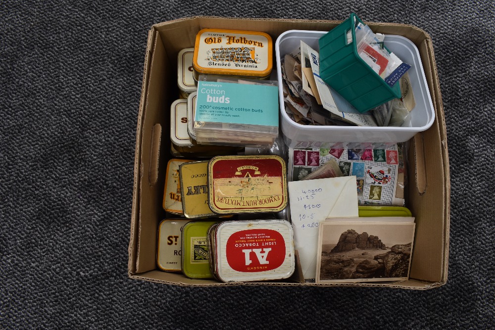 A box of GB Stamps, used, on and off paper, in tins and on sheets