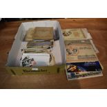 A box of mixed vintage Post Cards, Cigarette Cards and Ephemera