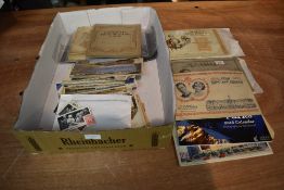 A box of mixed vintage Post Cards, Cigarette Cards and Ephemera