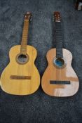 Two vintage Spanish guitars, small sizes, labelled BM Clasico and Hermanos Rodriguez