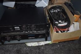 A selection of PA equipment including power amps leads and microphones