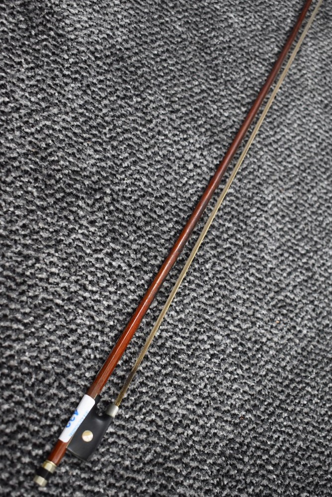 A mahogany violin or cello bow, unnamed, mother of pearl embellishments