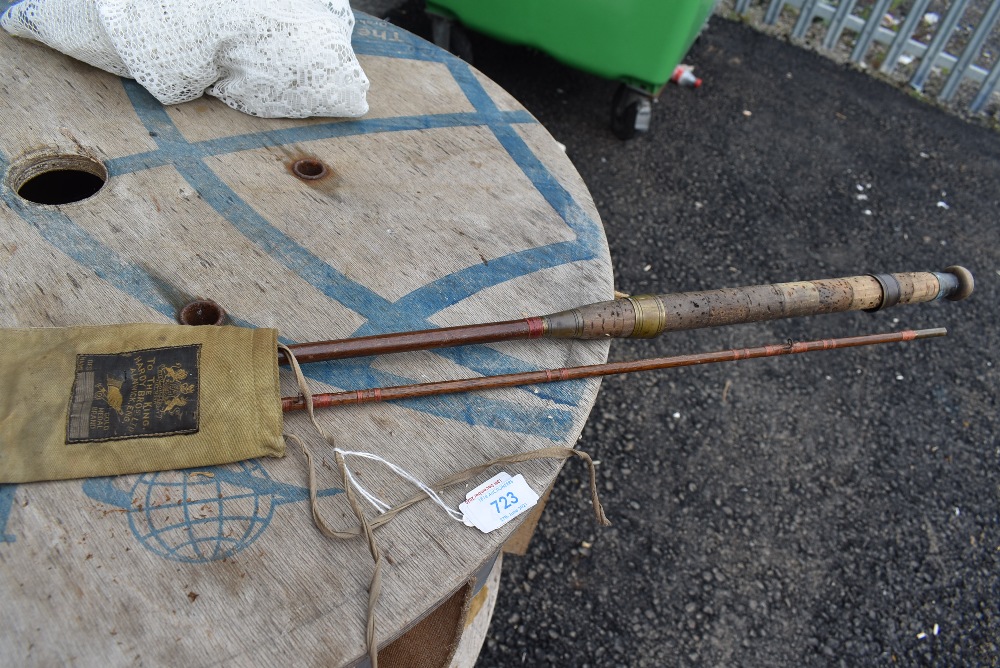 A vintage two piece 9ft 6inch cane fly rod in Hardy sleeve,unmarked.