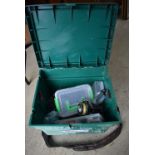 A Shakespeare tackle seat box with contents including reels and telescopic rods.