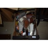 A box of miscellaneous items including knife sheaths, 12 gauge barrel plugs etc