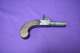 A 19th century Percussion Box Lock Pocket Pistol with foldaway trigger and screw off barrel,