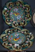 Two highly decorated ceramic plates stamped Quaregnon Belgium depicting humming bird