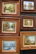 A selection of five original art works having wooden frames mostly landscape interest