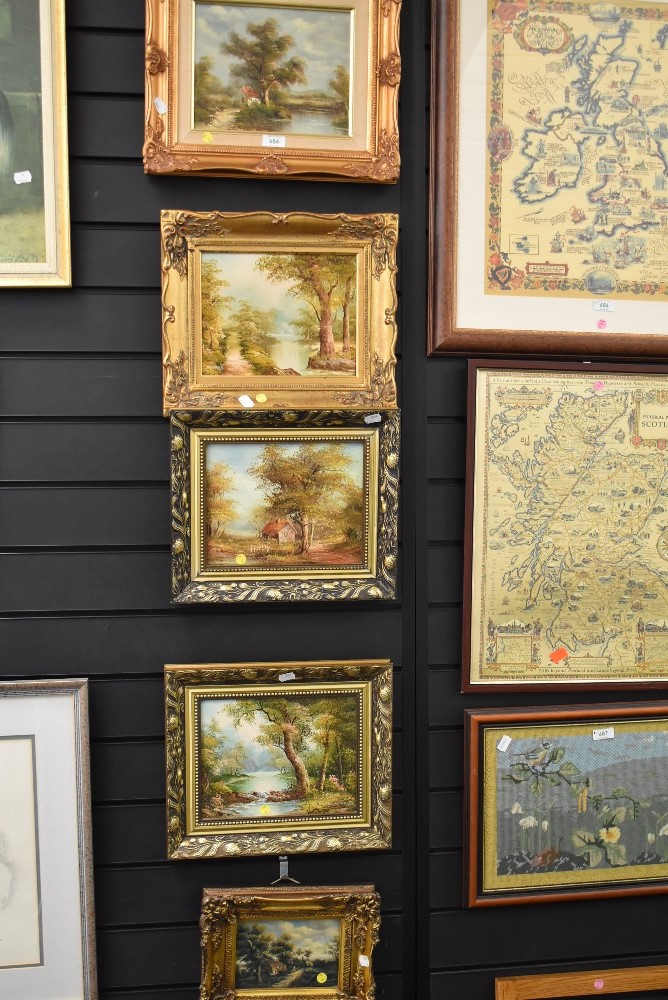 A selection of four gilt framed original oil paintings and similar print