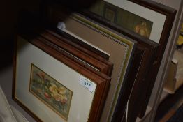 A selection of prints and picture frames including original water colour of still life