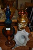 A selection of art and Bohemian glass including blue lidded bottle and Mdina style shell