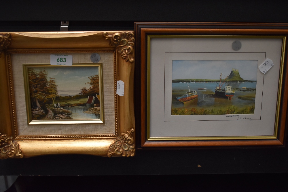 A miniature gilt framed oil on board of landscape and similar