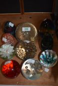 A selection of art glass paper weights and dump including Mdina and Wedgwood