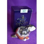 A ceramic Royal Crown Derby paper weight or figure of a River Bank Beaver having gold stopper and