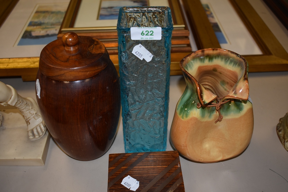 A turned wood container a blue glass Friars style vase and studio pottery vase