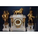 An impressive marble and ormolu mantle clock and garniture set having conquistador figures and