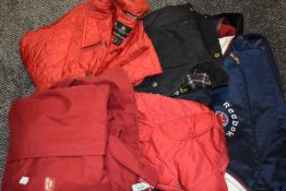 A selection of out door clothing including Barbour size 10 red jacket