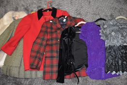 A selection of vintage and retro ladies clothing including heavily beaded tops, checked jacket,