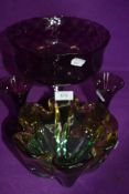 A selection of colour art glass including large footed long stem bowl and pair of purple glass vase