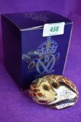 A ceramic Royal Crown Derby paper weight or figure of a Country mouse having gold stopper and box