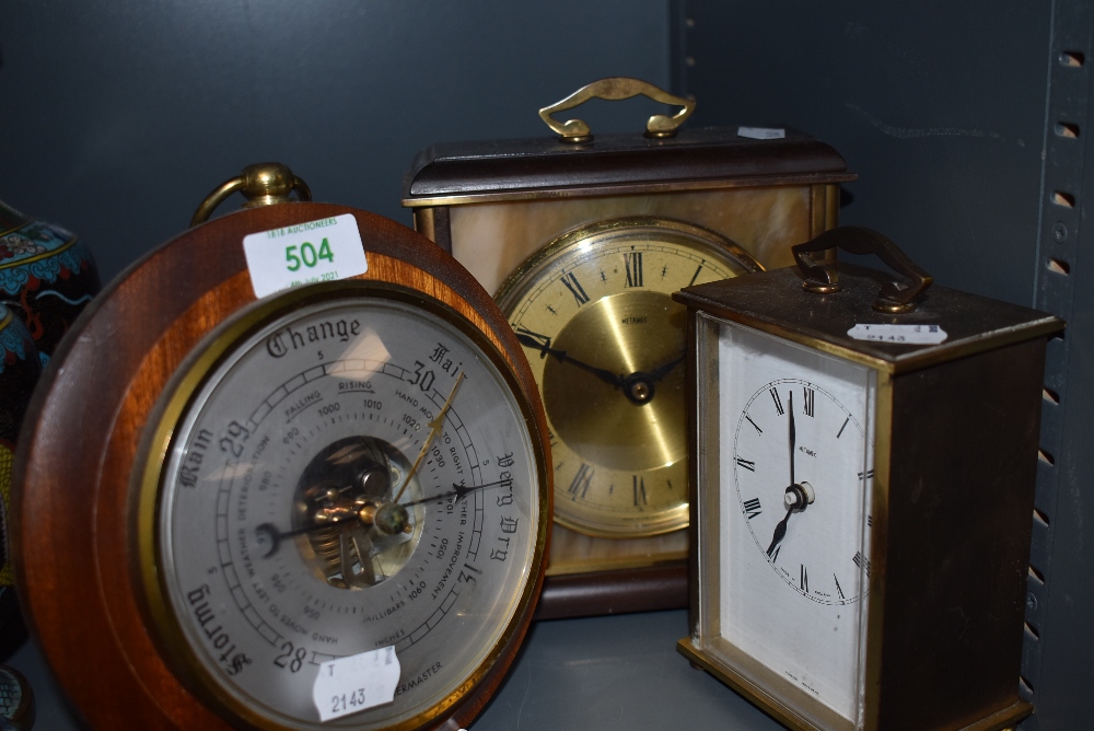 Two brass cased clock by Metamec including carriage style and similar mahogany framed weather master
