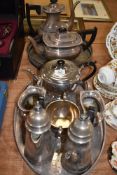 A good selection of fine plated silver, including chocolate pot with water, gallery trays and tea