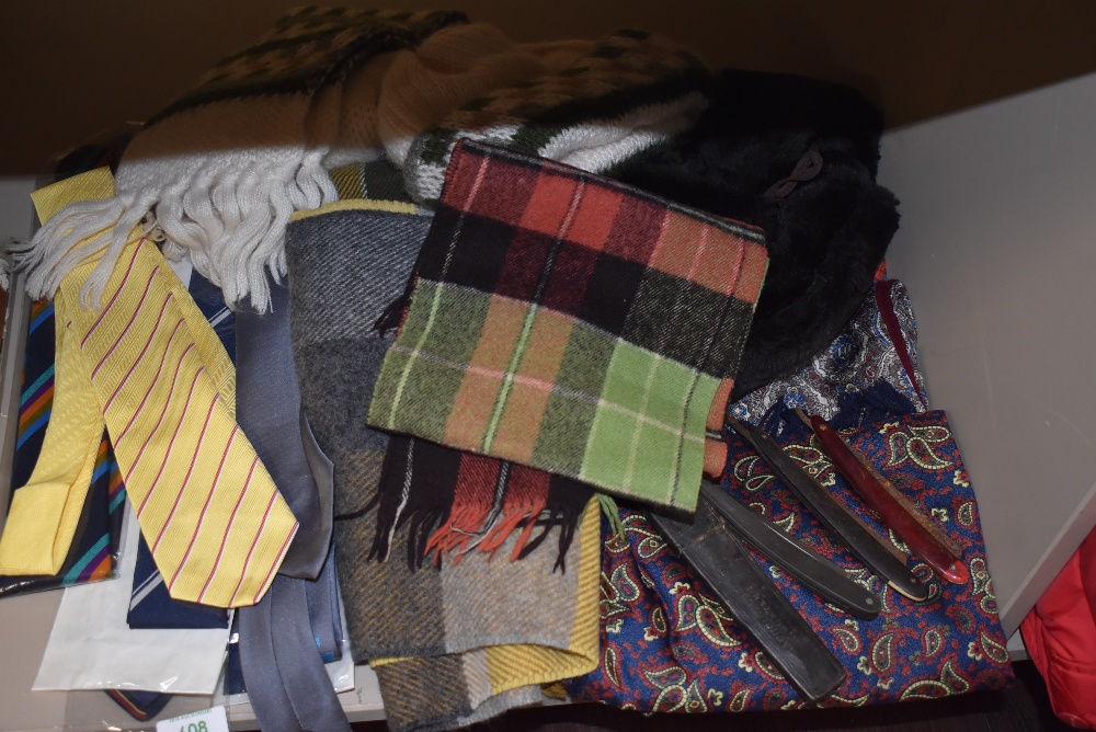 An assortment of vintage gents scarves,hats, retro ties(most unused)cut throat razors and similar.