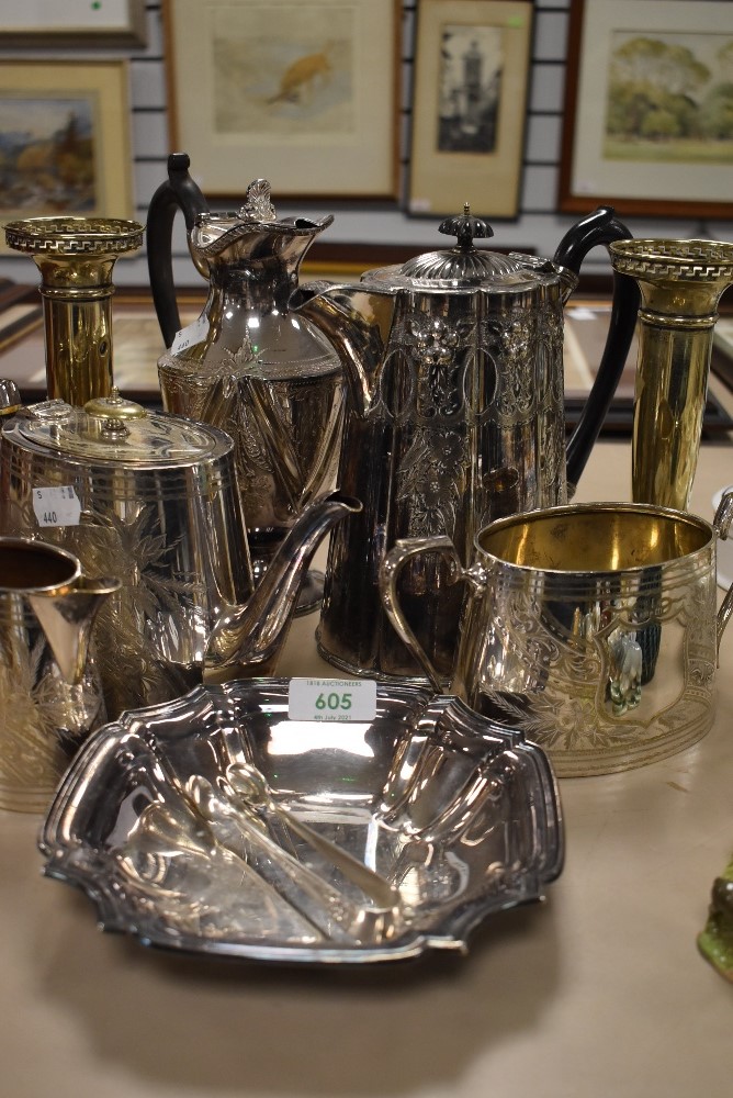 A selection of fine antique plated tea wares including water jug and pair of vase