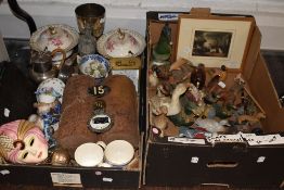 A selection of ceramics and figures over two boxes including blue and white wears and tureens