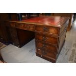 A reproduction Regency pedestal desk, leather inset (skiver) top, large proportions approx. 153 x