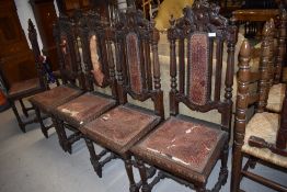 A set of six plus one carver early Victorian stately hall or similar castle style carved back oak