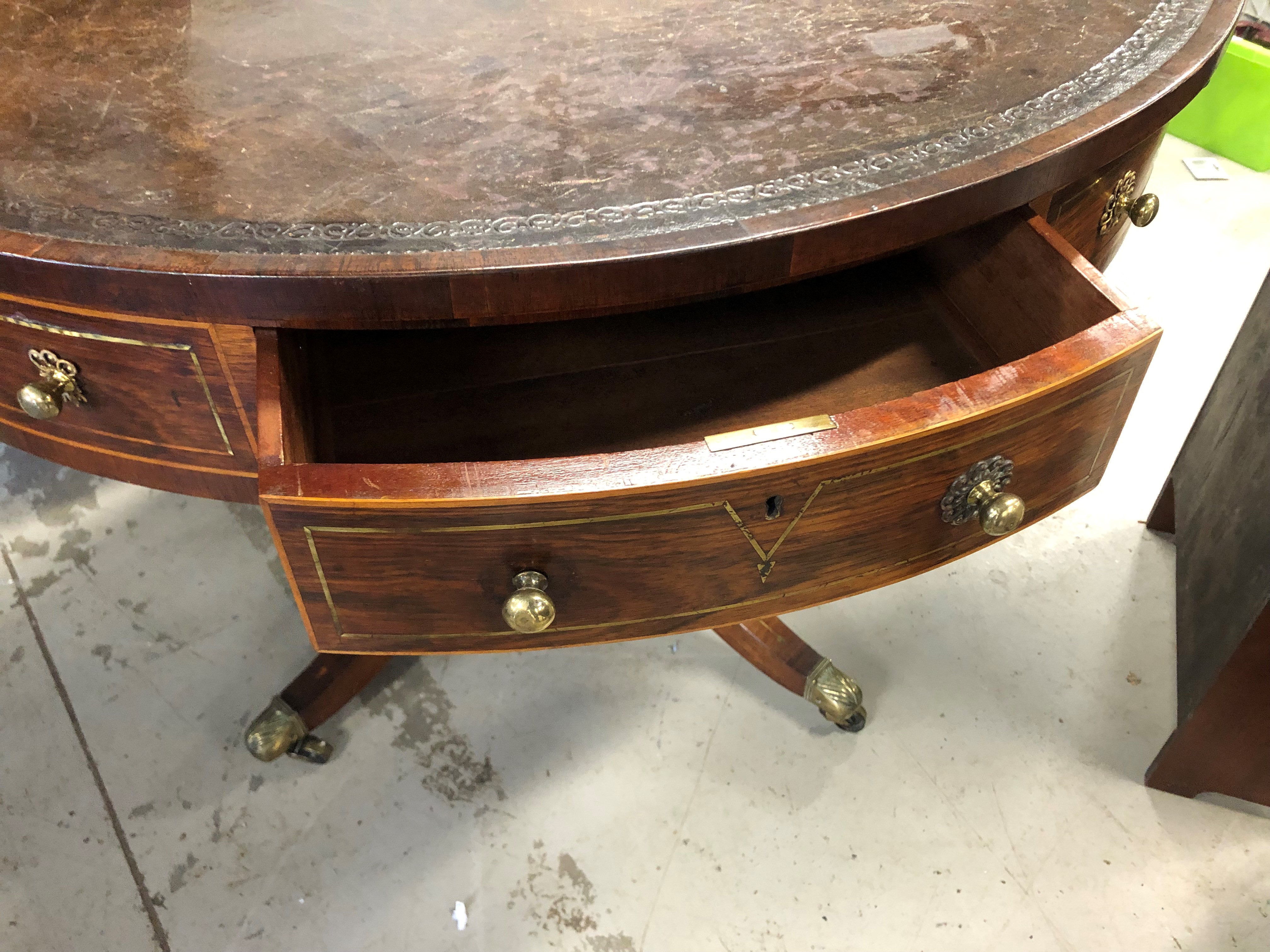 A 19th Century Regency and later mahogany drum table with leather skiver top, brass handles, - Image 4 of 4