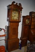 An impressive sized grandfather long case clock by Owen Leeds painted face dial and mahogany case