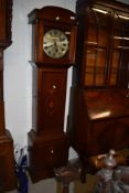 A small size long case clock having mahogany case and inlayed detailing