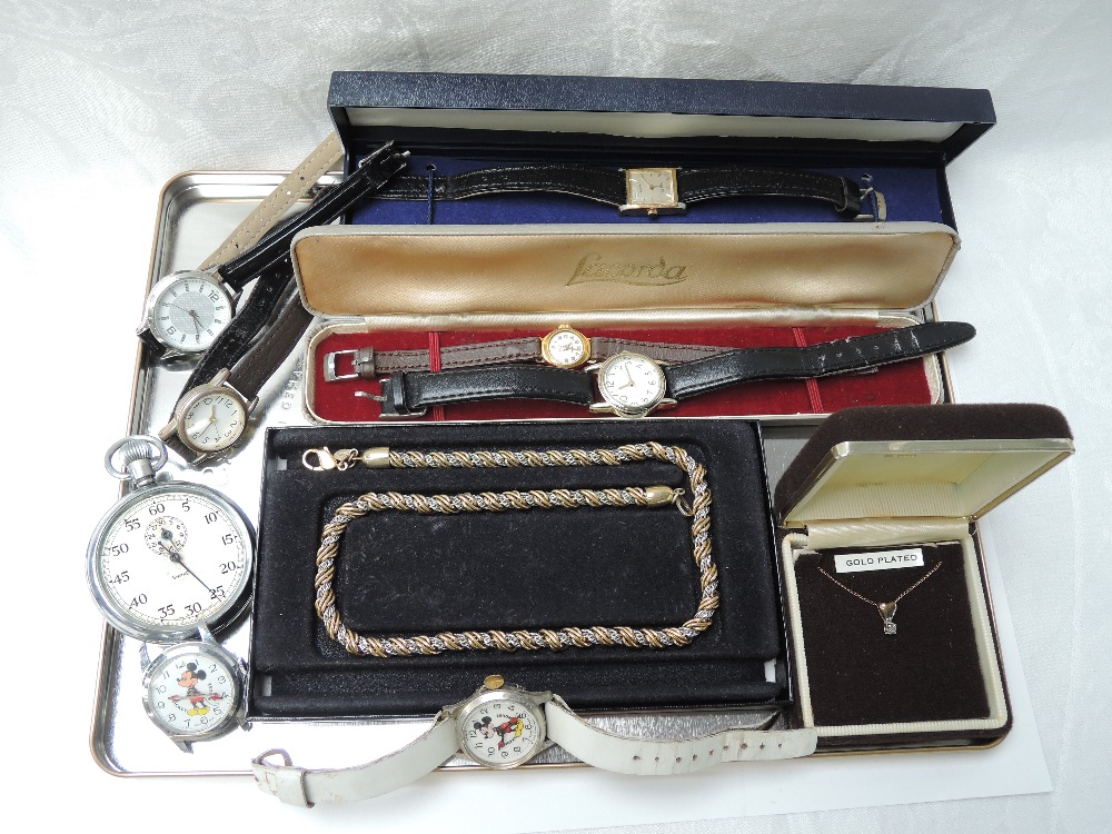 A selection of wrist watches including Disney Mickey Mouse souvenir, Sabre and Lacorda, a Monet