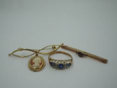 Three pieces of yellow metal jewellery stamped 375/9ct including bar brooch, cameo bar brooch and