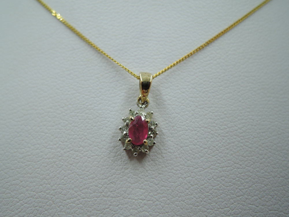 A ruby and diamond chip cluster 9ct gold pendant and matching earrings, approx 18' & 2.4g - Image 2 of 3