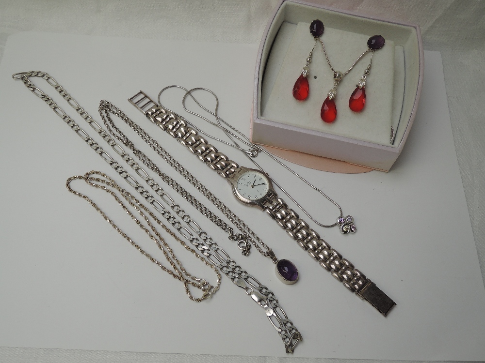 A selection of HM silver and white metal jewellery stamped 925 including chains, pendants,