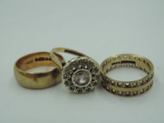 A 9ct gold wedding band, and two dress rings having cubic zirconia decoration,approx 9.8g, both AF