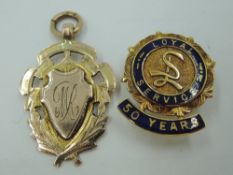 A 9ct gold long service pin and medalion, approx 10g