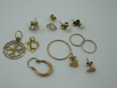 A small selection of 9ct gold and yellow metal earrings and pendants, approx 4.1g