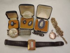 A small selection of costume jewellery including Wedgwood Jasper rings, brooch and pendant, Accurist