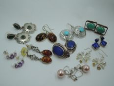 Nine pairs of white metal earrings, most stamped 925, of various forms including Baltic Amber,