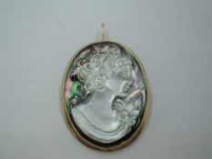 An abalone shell cameo brooch depicting a maiden in profile in a 9ct gold collared mount with rope