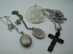 Four pieces of HM silver and white metal jewellery stamped silver including a jet cross pendant,