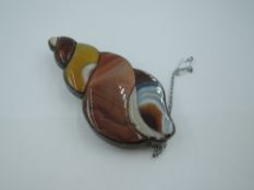 A Victorian mixed agate shell brooch in a white metal mount with pin clasp, safety chain and clip